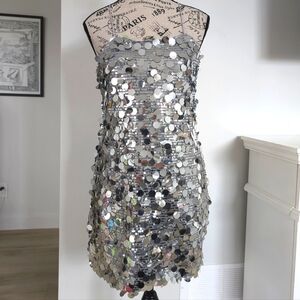 ONLY | Women's Silver Mirrored Sequin Spaghetti Strapped Mini Dress